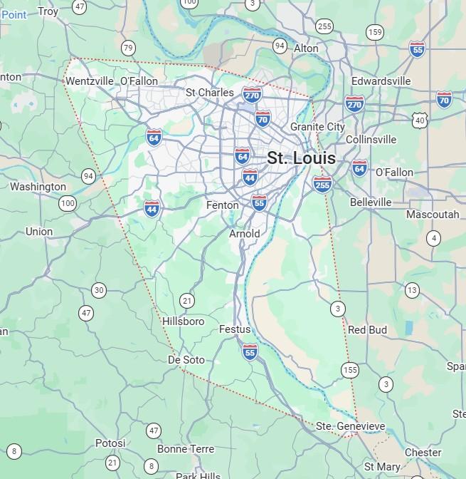 Map of the K.A.I. Coating service area from Metro St. Louis to Ste. Genevieve
